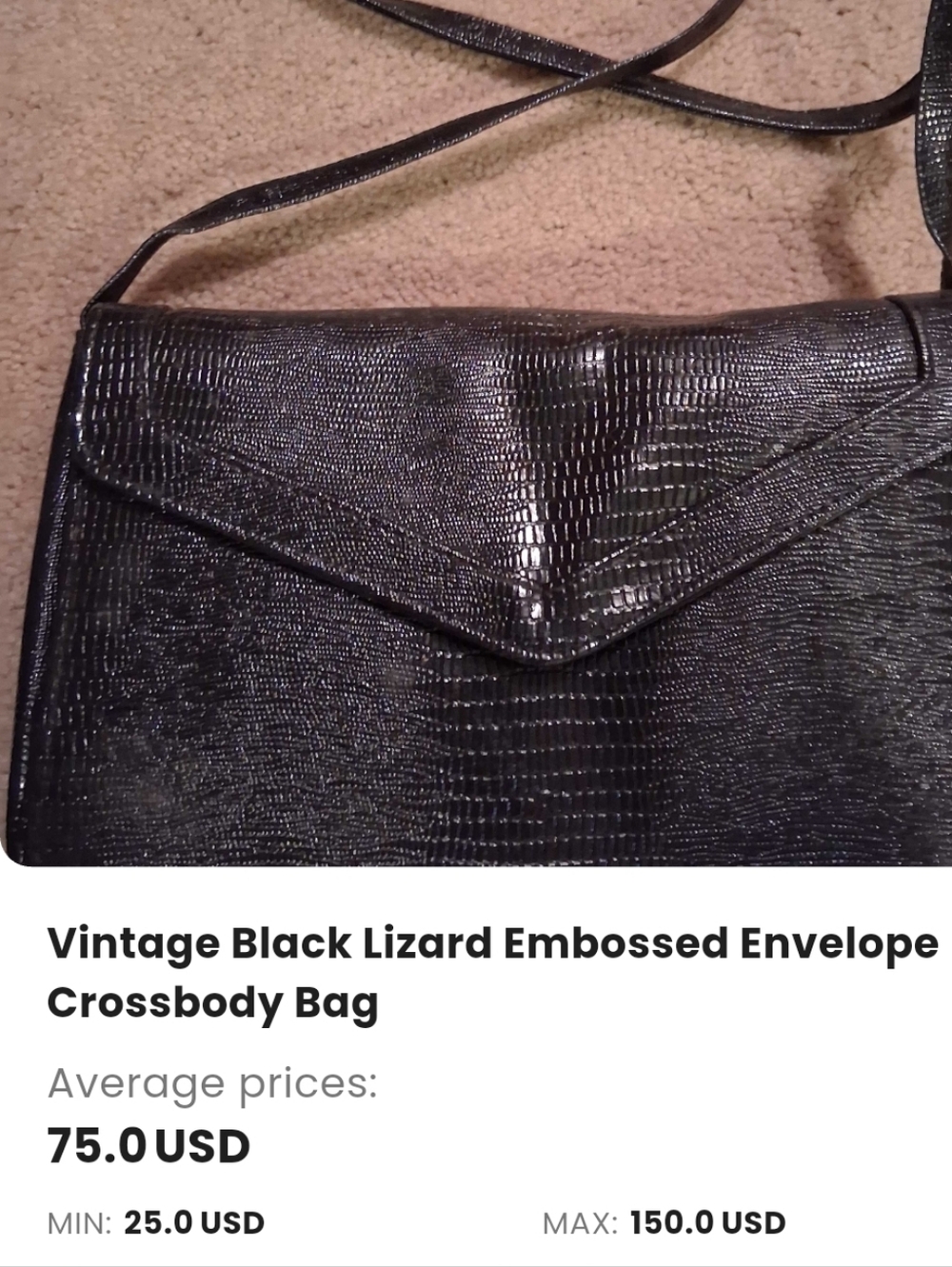 Black Lizard-Embossed Envelope Crossbody Bag